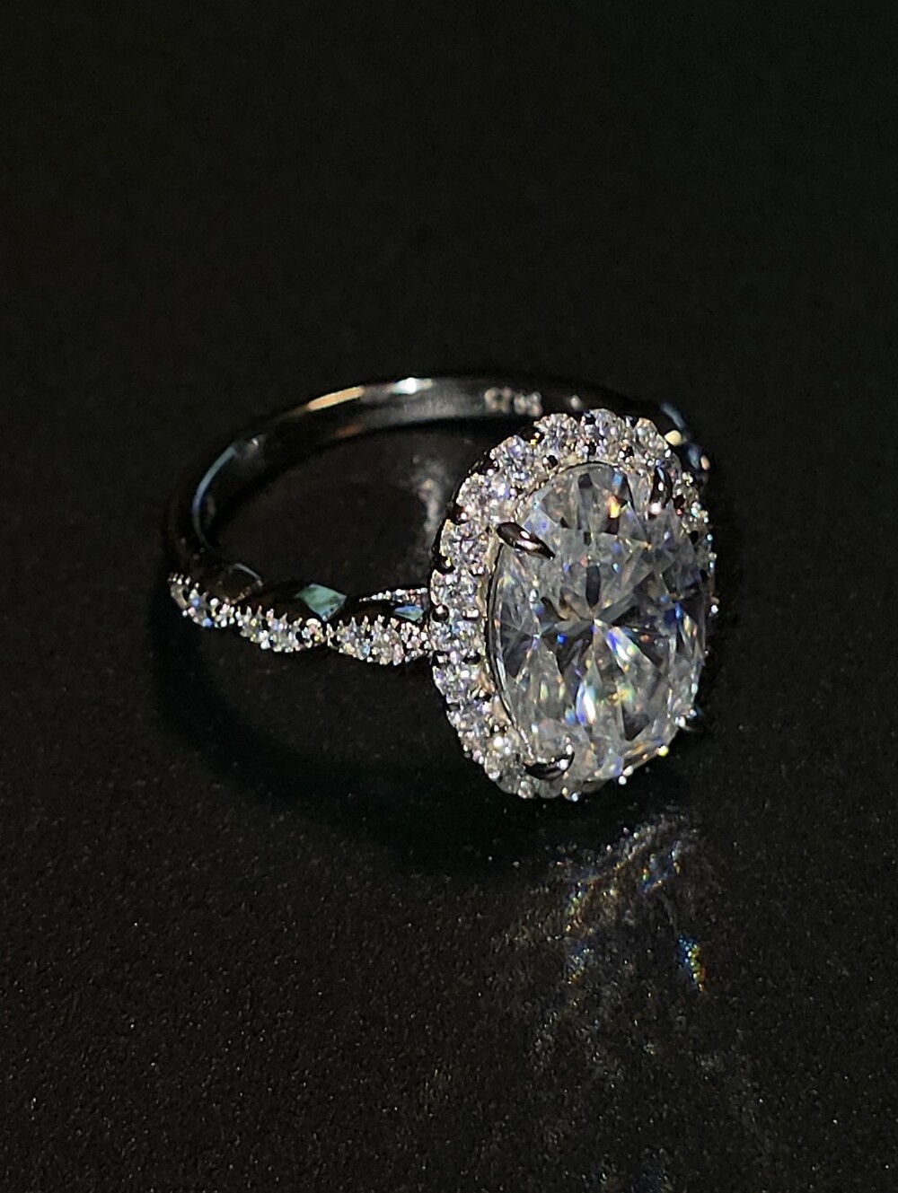 4.5 CT Oval Cut Moissanite Halo Ring | 925 Sterling Silver | Twisted Pavé Band |